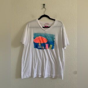 Fresh Produce White Beach Dog Sun V-Neck Tee Women’s Size Large Cotton